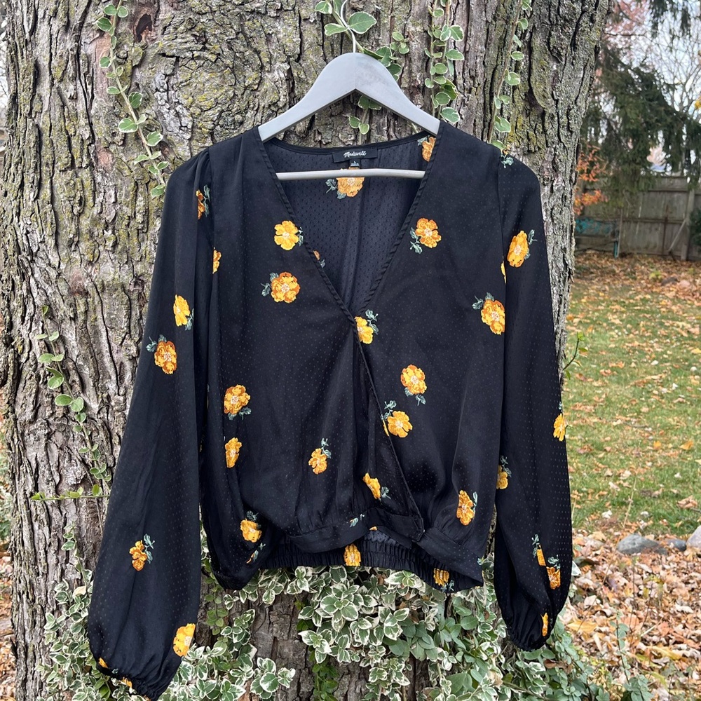 Madewell Black Top with Yellow Floral Design